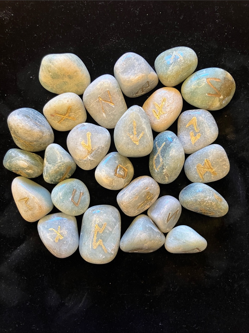 Amazonite Gemstone 25 Rune Stones Set w/ Elder Futhark Alphabet Symbol 1/2 -3/4”